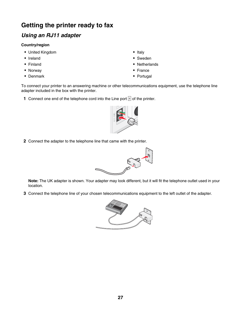 Getting the printer ready to fax, Using an rj11 adapter | Lexmark 6500 Series User Manual | Page 27 / 223