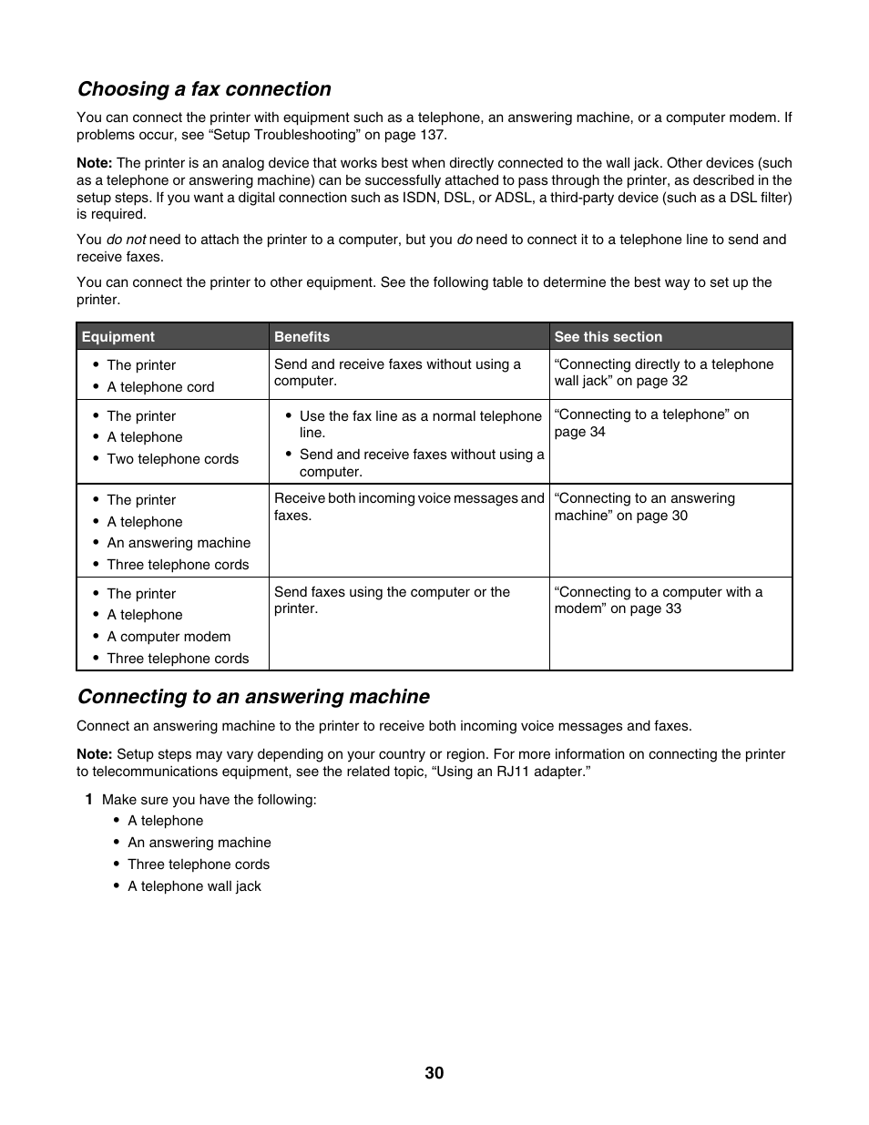 Choosing a fax connection, Connecting to an answering machine | Lexmark 6500 Series User Manual | Page 30 / 223