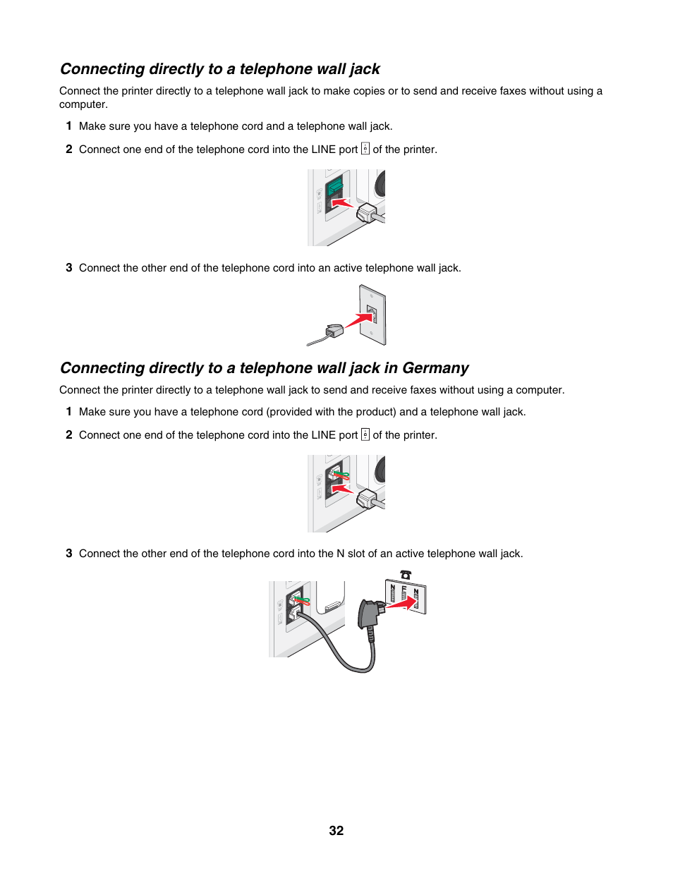 Connecting directly to a telephone wall jack | Lexmark 6500 Series User Manual | Page 32 / 223