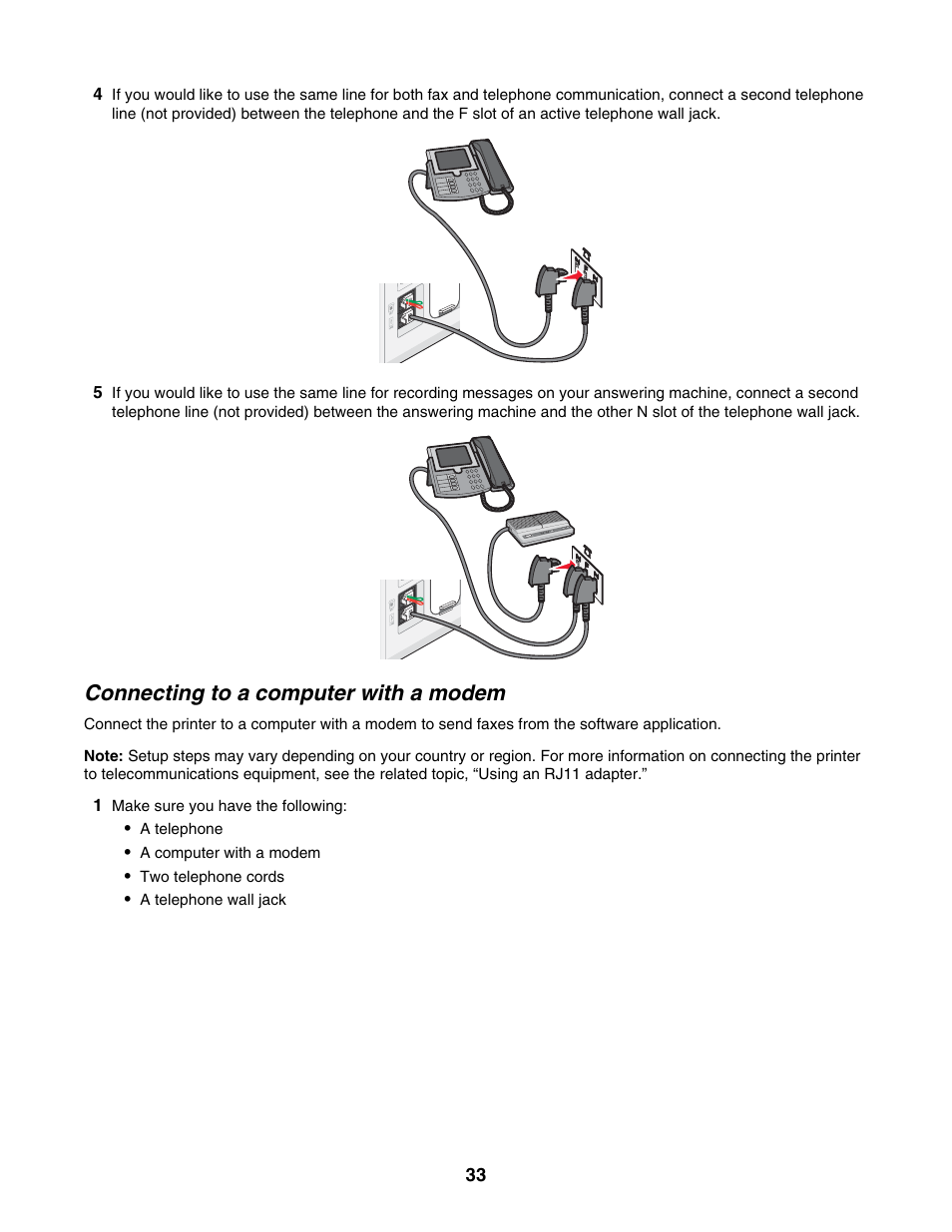 Connecting to a computer with a modem | Lexmark 6500 Series User Manual | Page 33 / 223