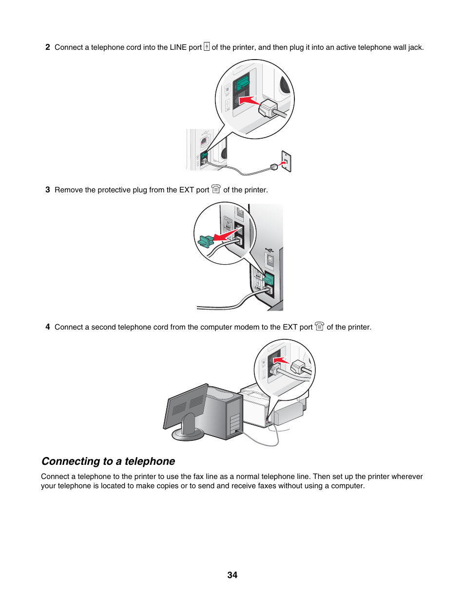 Connecting to a telephone | Lexmark 6500 Series User Manual | Page 34 / 223