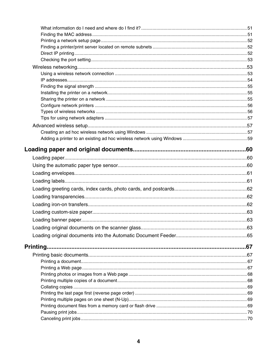 Loading paper and original documents, Printing | Lexmark 6500 Series User Manual | Page 4 / 223