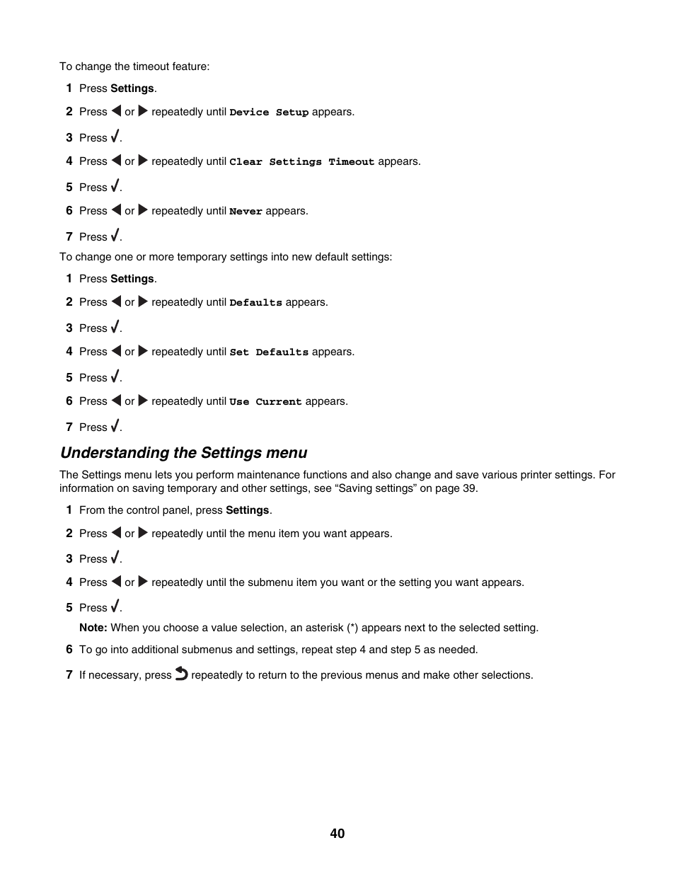 Understanding the settings menu | Lexmark 6500 Series User Manual | Page 40 / 223