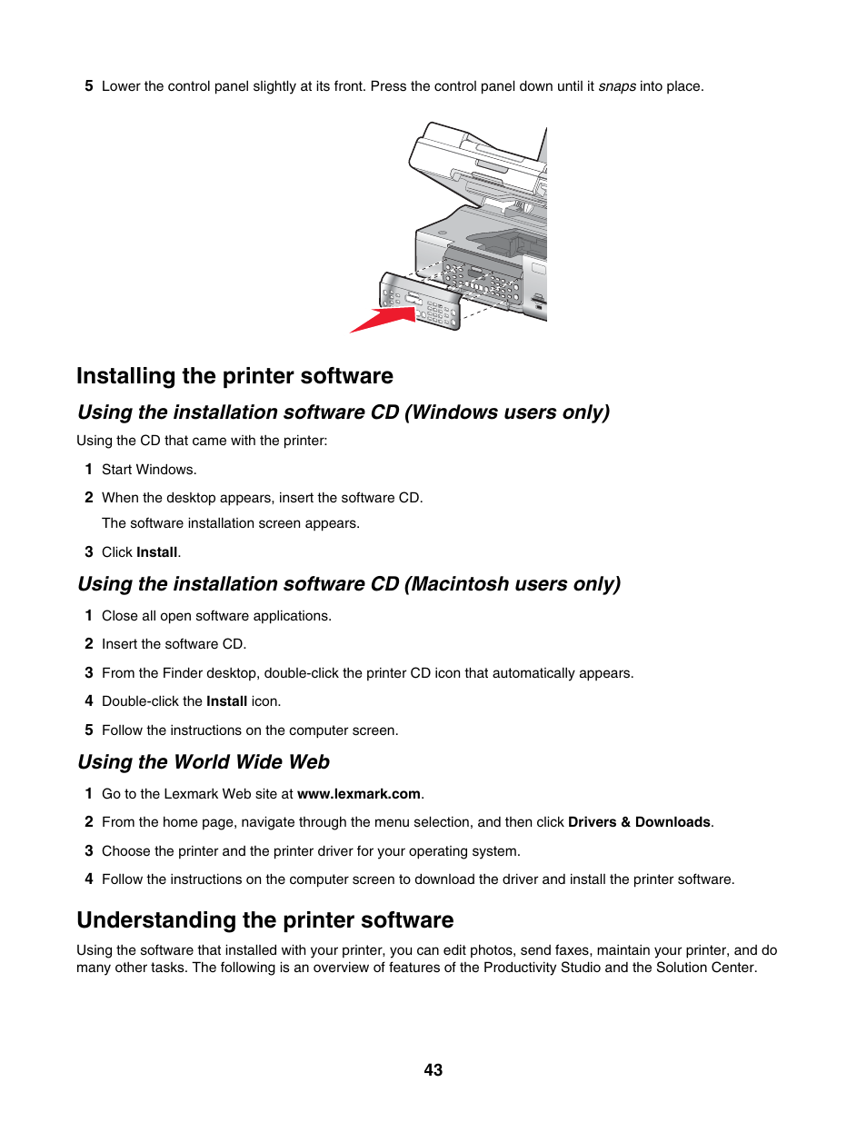 Installing the printer software, Understanding the printer software, Using the world wide web | Lexmark 6500 Series User Manual | Page 43 / 223