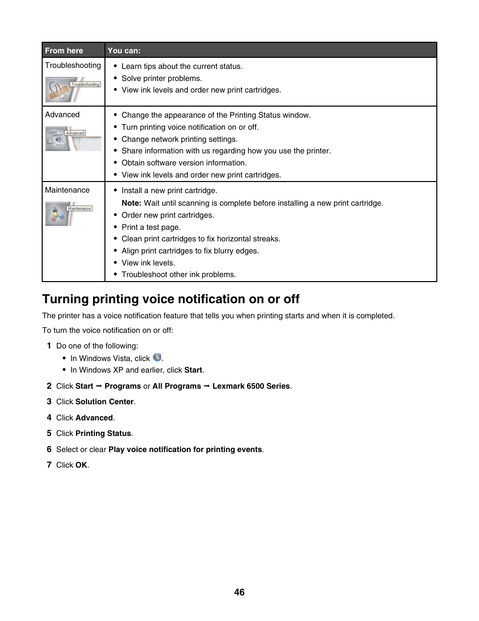 Turning printing voice notification on or off | Lexmark 6500 Series User Manual | Page 46 / 223