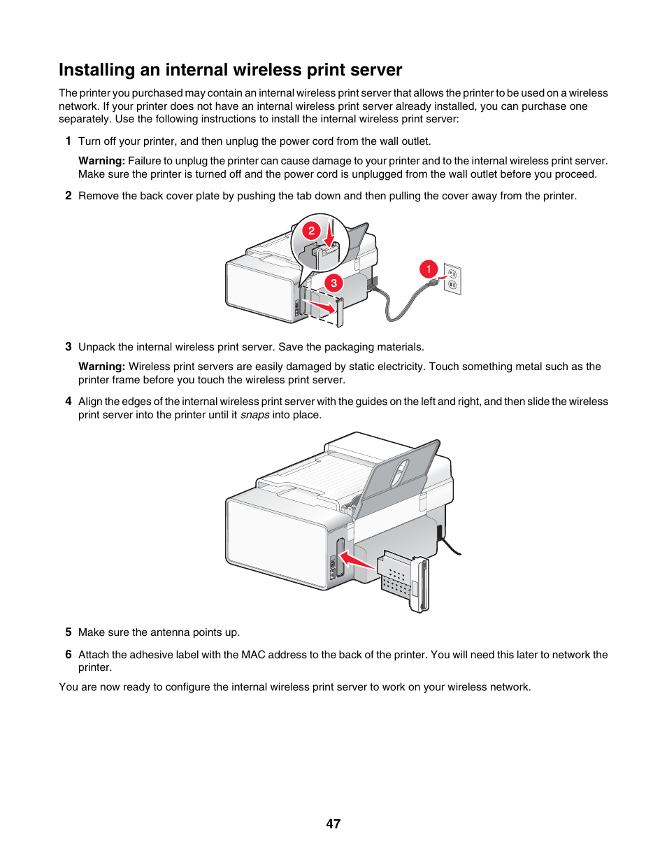 Installing an internal wireless print server | Lexmark 6500 Series User Manual | Page 47 / 223