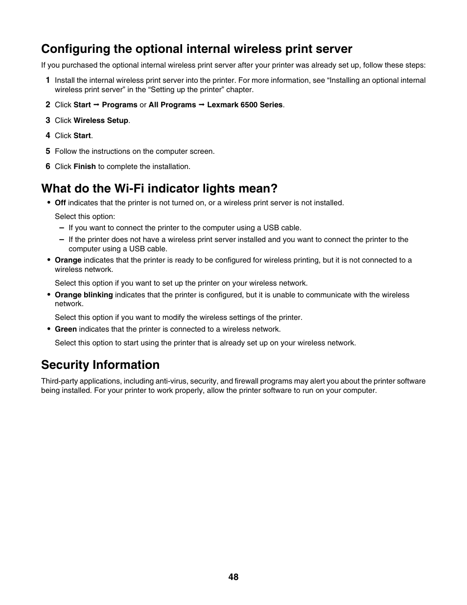 What do the wi-fi indicator lights mean, Security information | Lexmark 6500 Series User Manual | Page 48 / 223