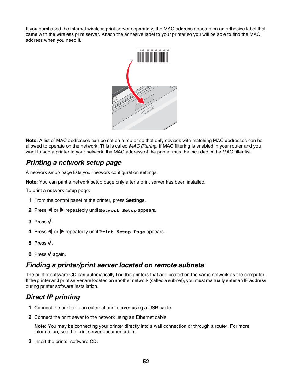 Direct ip printing, Printing a network setup page | Lexmark 6500 Series User Manual | Page 52 / 223