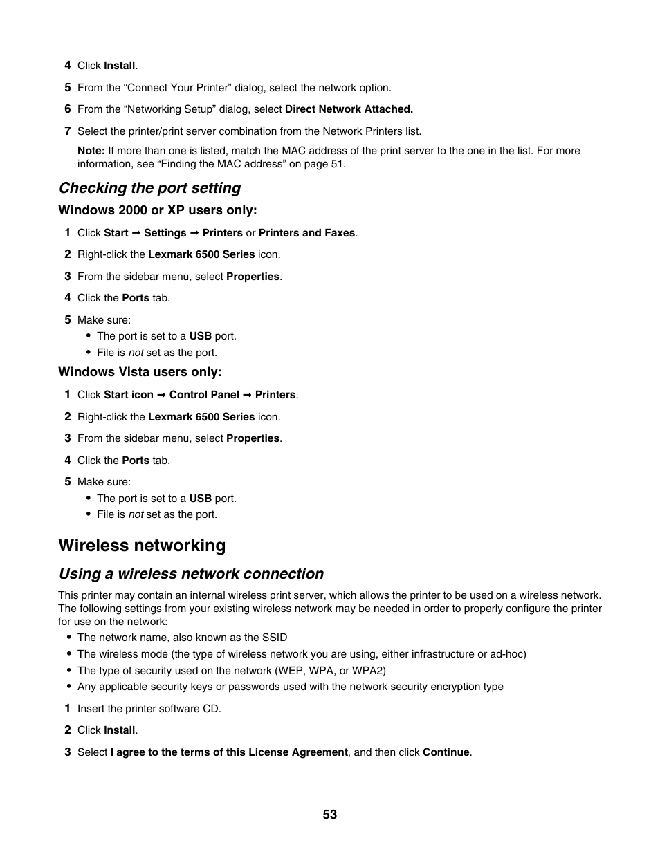 Checking the port setting, Wireless networking, Using a wireless network connection | Lexmark 6500 Series User Manual | Page 53 / 223