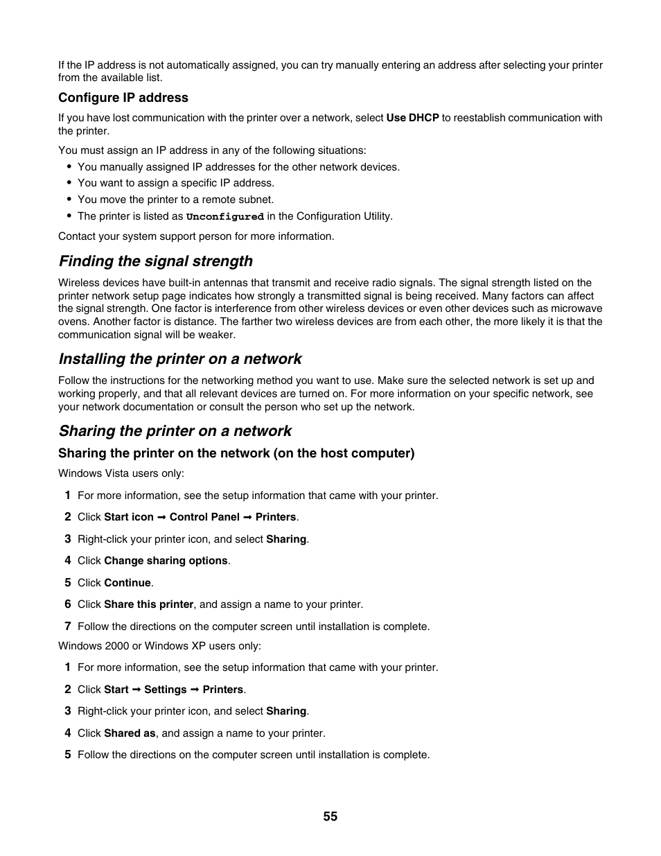 Finding the signal strength, Installing the printer on a network, Sharing the printer on a network | Lexmark 6500 Series User Manual | Page 55 / 223