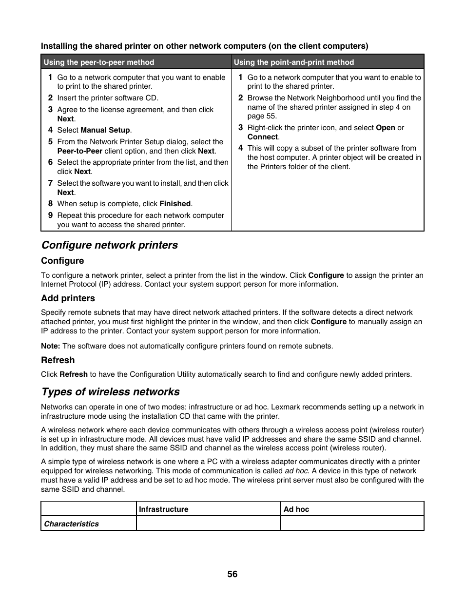 Configure network printers, Types of wireless networks | Lexmark 6500 Series User Manual | Page 56 / 223