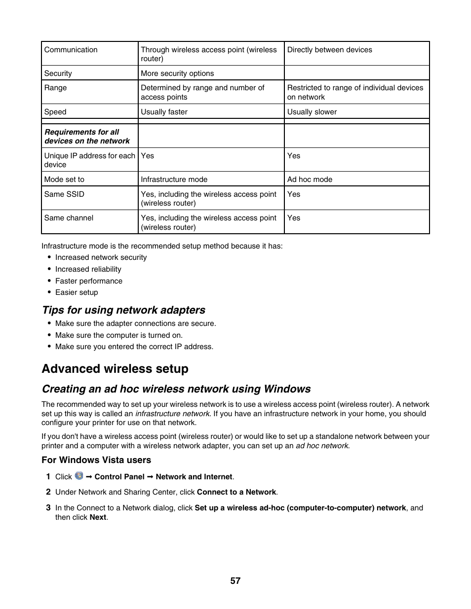 Tips for using network adapters, Advanced wireless setup, Creating an ad hoc wireless network using windows | Lexmark 6500 Series User Manual | Page 57 / 223