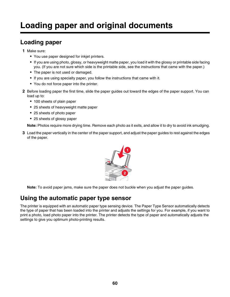 Loading paper and original documents, Loading paper, Using the automatic paper type sensor | Lexmark 6500 Series User Manual | Page 60 / 223