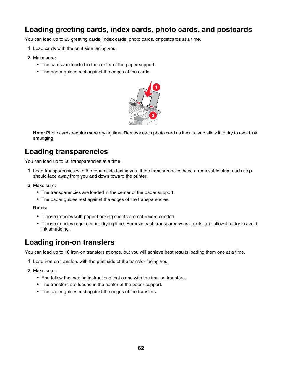 Loading transparencies, Loading iron-on transfers | Lexmark 6500 Series User Manual | Page 62 / 223