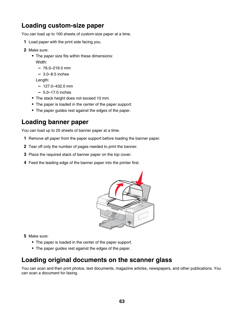 Loading custom-size paper, Loading banner paper, Loading original documents on the scanner glass | Lexmark 6500 Series User Manual | Page 63 / 223