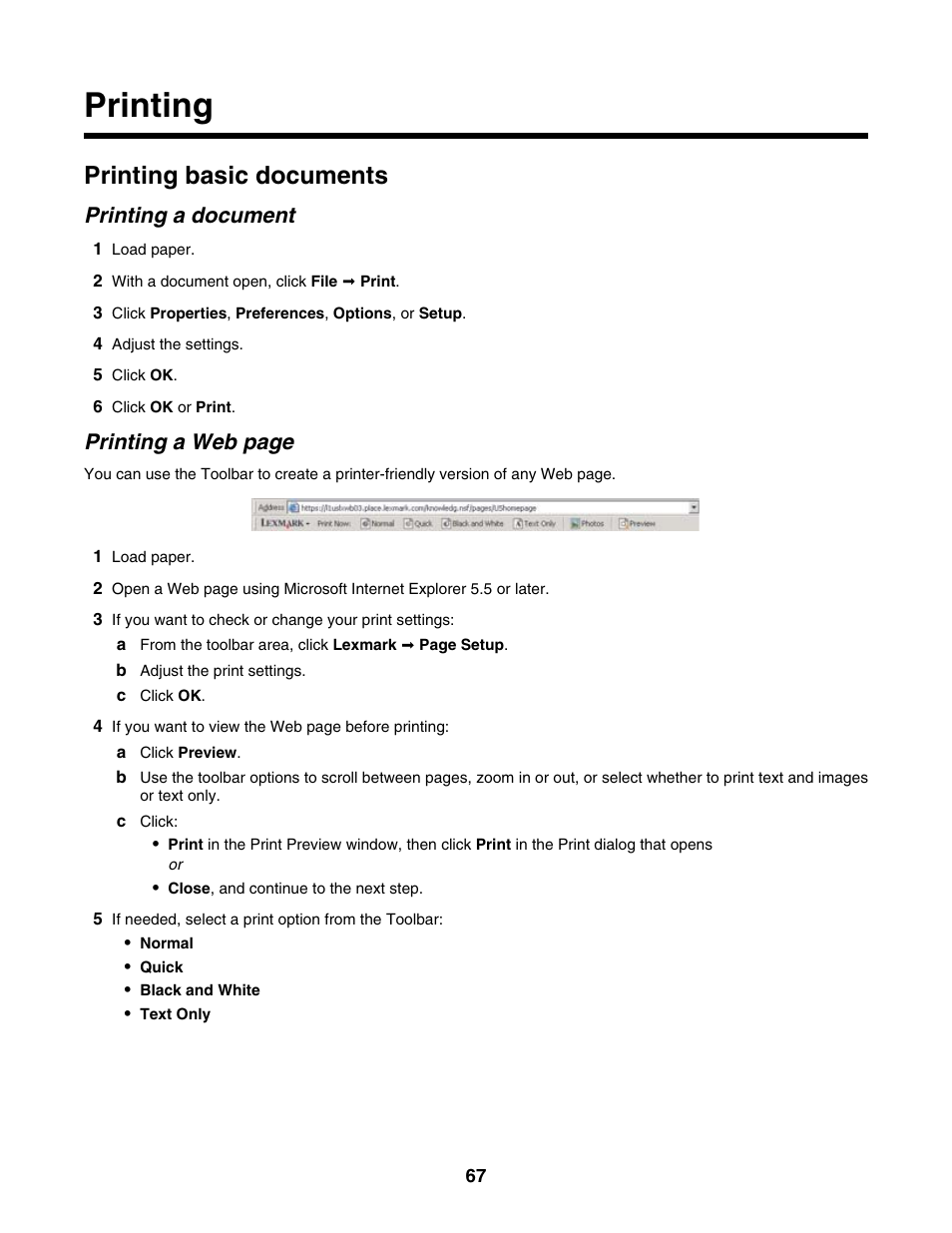 Printing, Printing basic documents, Printing a document | Printing a web page | Lexmark 6500 Series User Manual | Page 67 / 223