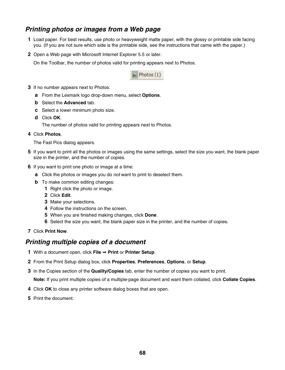 Printing multiple copies of a document, Printing photos or images from a web page | Lexmark 6500 Series User Manual | Page 68 / 223