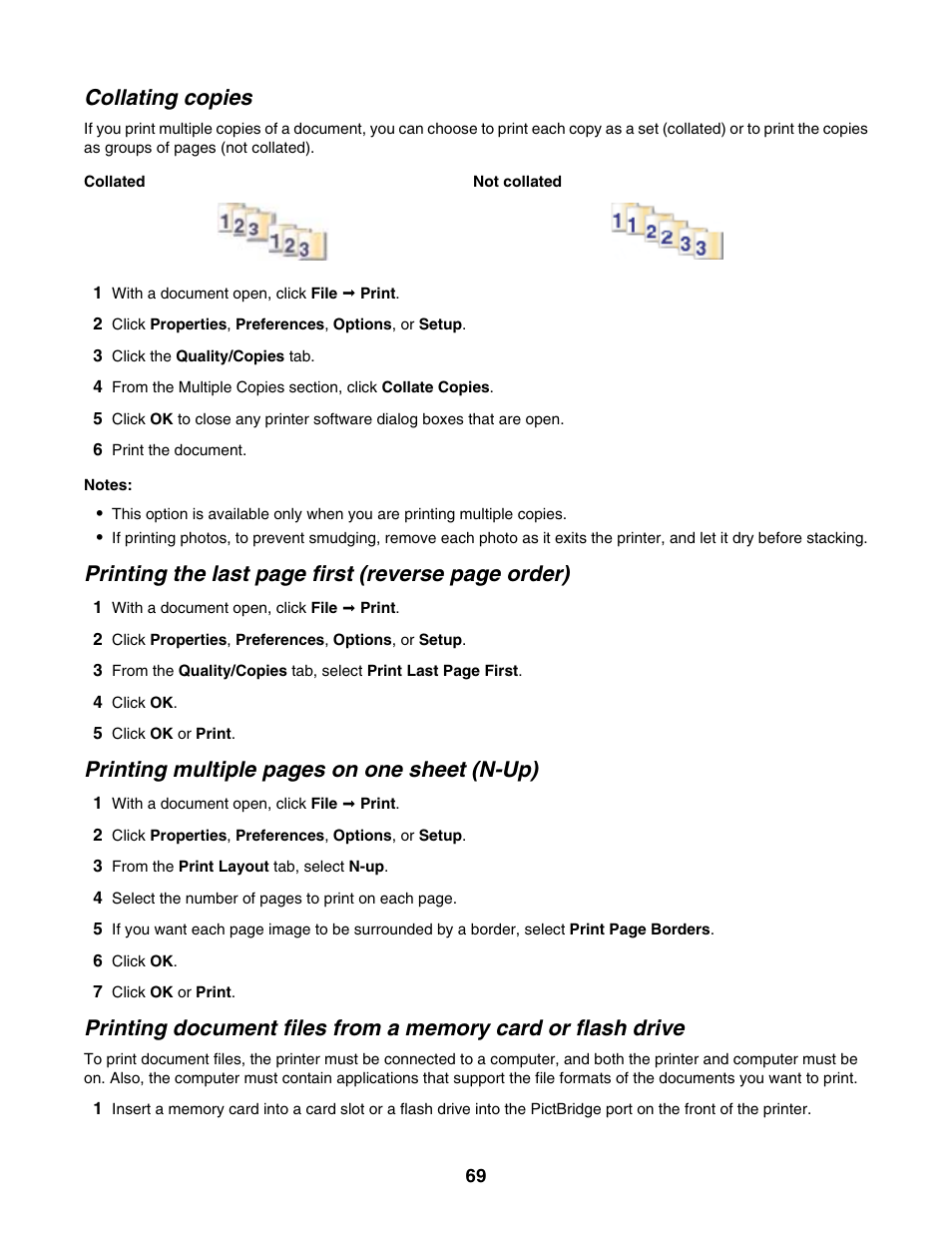 Collating copies, Printing the last page first (reverse page order), Printing multiple pages on one sheet (n-up) | Lexmark 6500 Series User Manual | Page 69 / 223