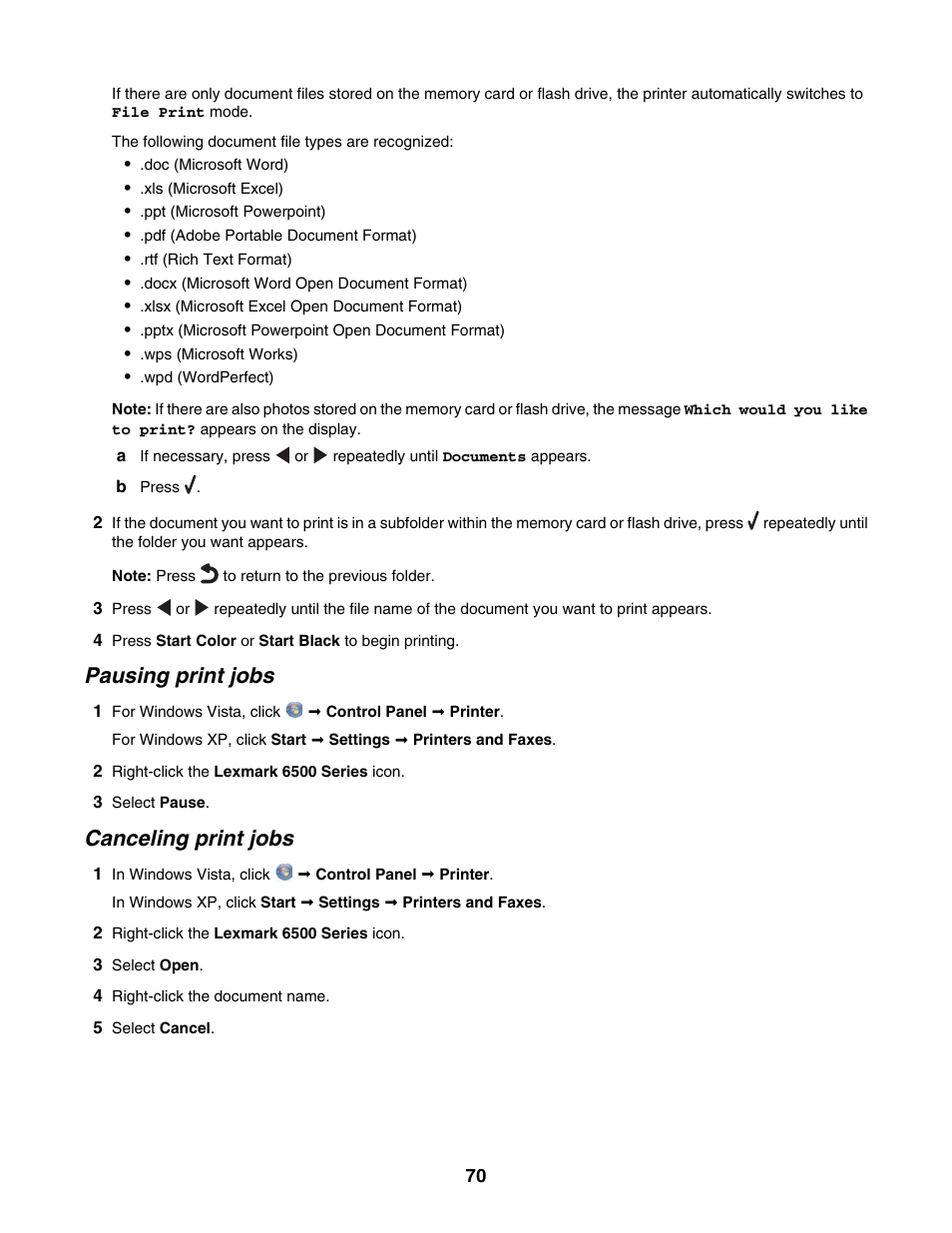 Pausing print jobs, Canceling print jobs | Lexmark 6500 Series User Manual | Page 70 / 223