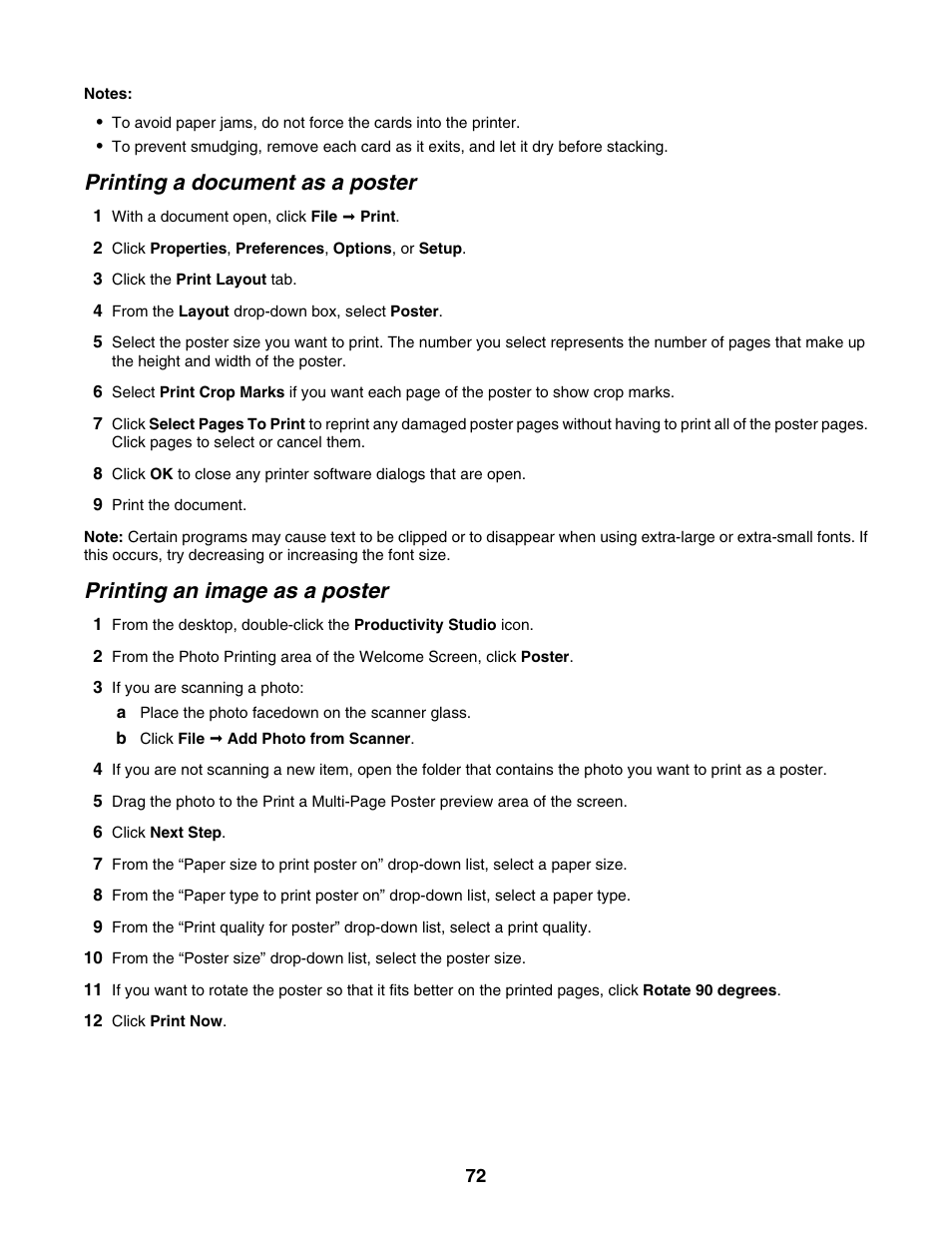 Printing a document as a poster, Printing an image as a poster | Lexmark 6500 Series User Manual | Page 72 / 223