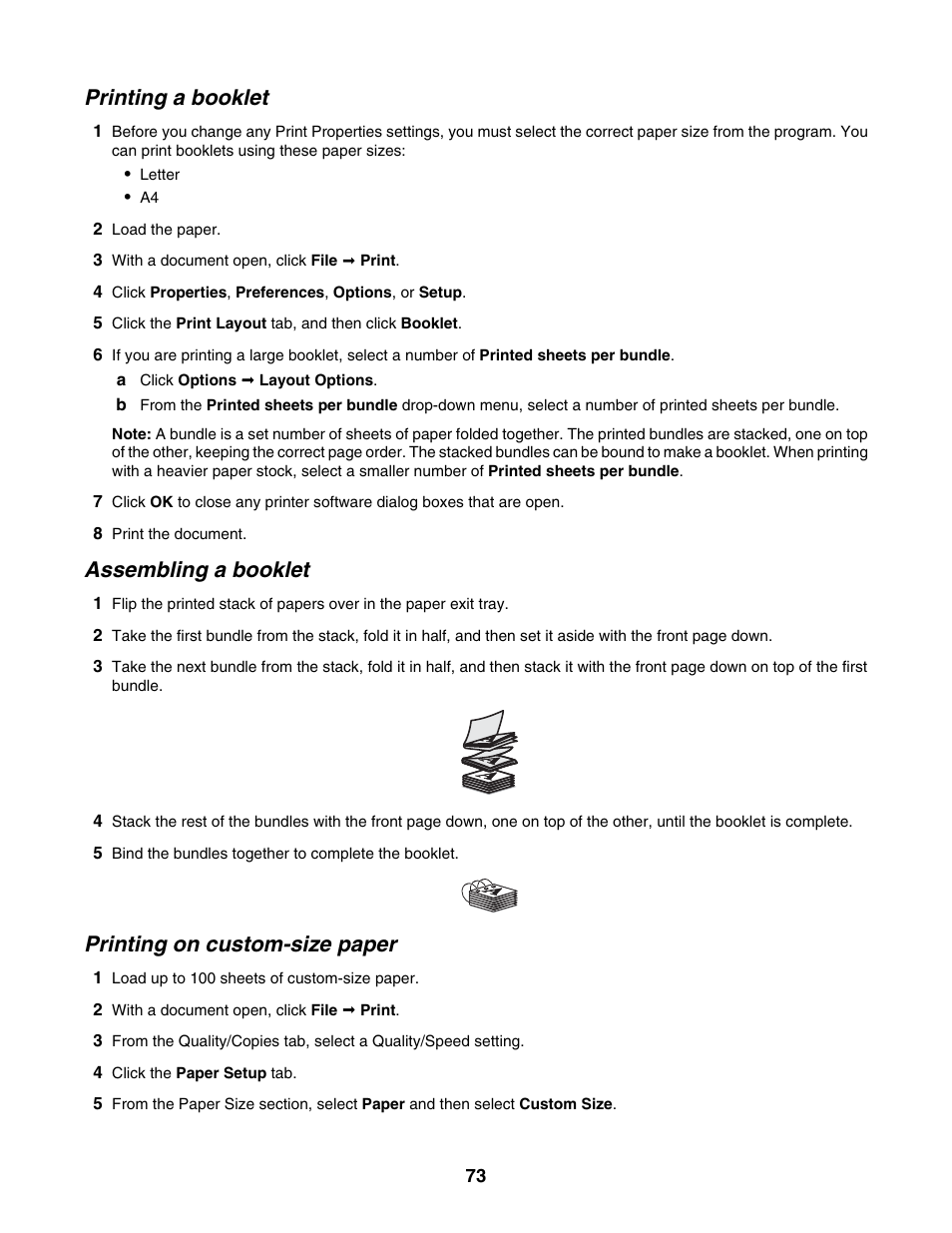 Printing a booklet, Assembling a booklet, Printing on custom-size paper | Lexmark 6500 Series User Manual | Page 73 / 223