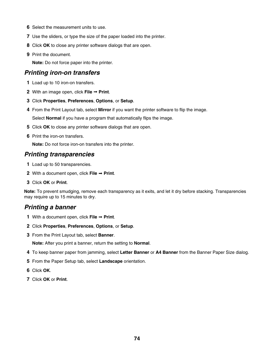 Printing iron-on transfers, Printing transparencies, Printing a banner | Lexmark 6500 Series User Manual | Page 74 / 223