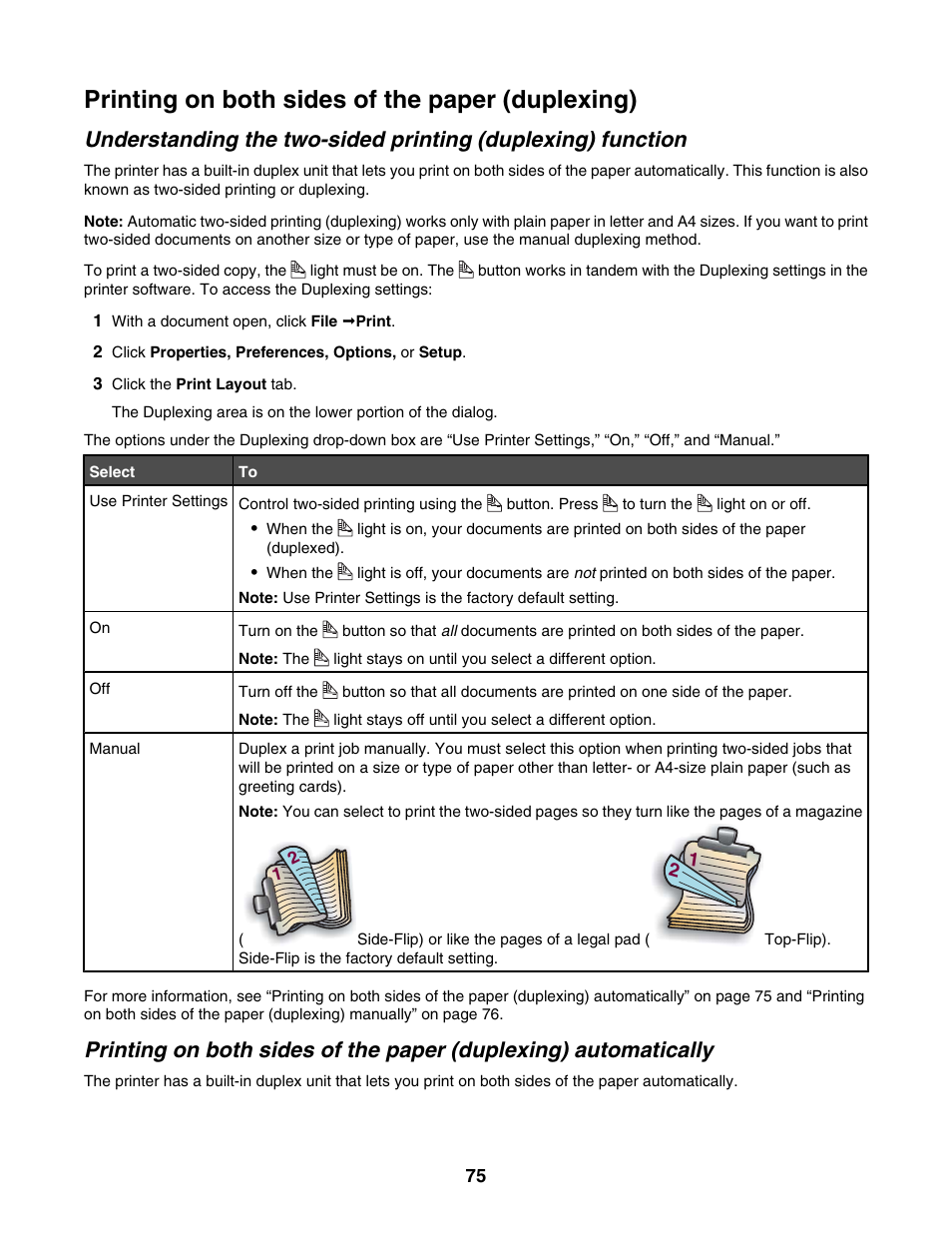 Printing on both sides of the paper (duplexing) | Lexmark 6500 Series User Manual | Page 75 / 223