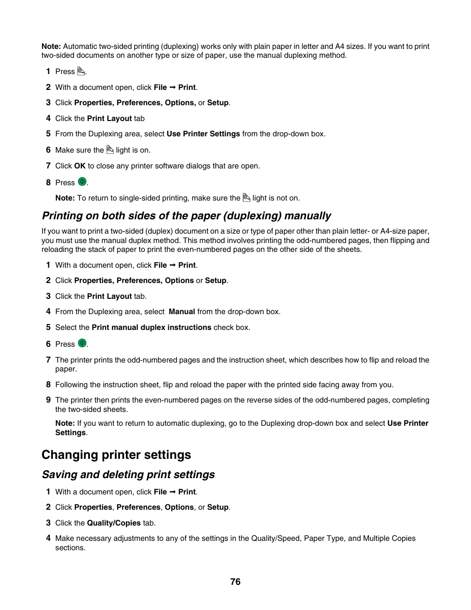 Changing printer settings, Saving and deleting print settings | Lexmark 6500 Series User Manual | Page 76 / 223