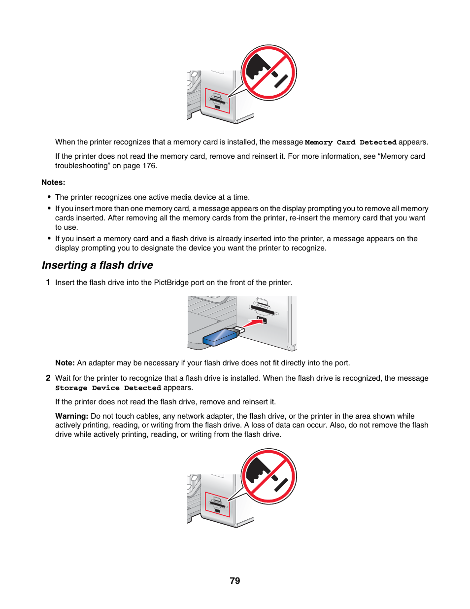 Inserting a flash drive | Lexmark 6500 Series User Manual | Page 79 / 223