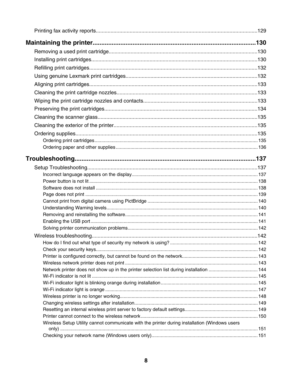 Maintaining the printer, Troubleshooting | Lexmark 6500 Series User Manual | Page 8 / 223