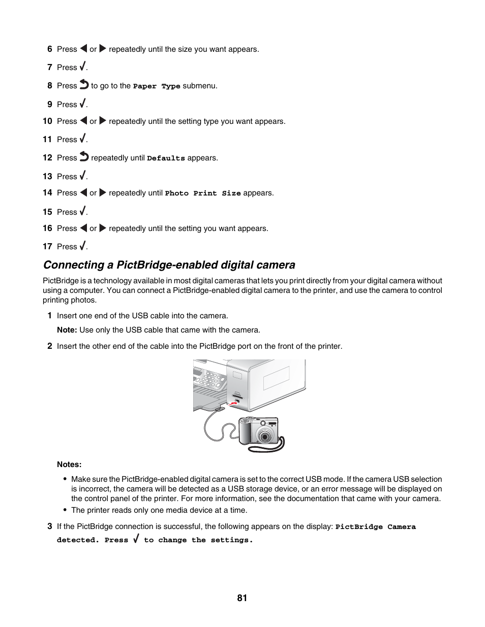 Connecting a pictbridge-enabled digital camera | Lexmark 6500 Series User Manual | Page 81 / 223