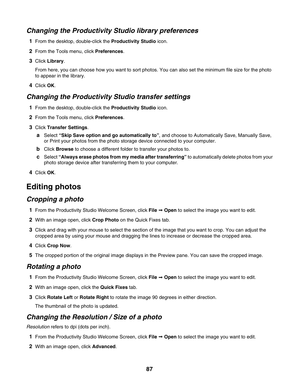 Changing the productivity studio transfer settings, Editing photos, Cropping a photo | Rotating a photo, Changing the resolution / size of a photo | Lexmark 6500 Series User Manual | Page 87 / 223