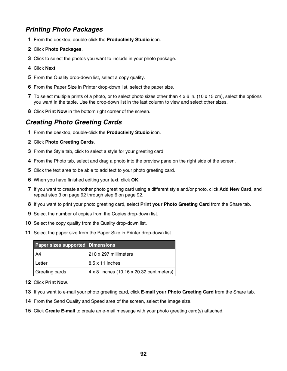 Printing photo packages, Creating photo greeting cards | Lexmark 6500 Series User Manual | Page 92 / 223