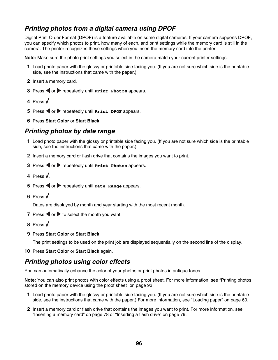 Printing photos from a digital camera using dpof, Printing photos by date range, Printing photos using color effects | Lexmark 6500 Series User Manual | Page 96 / 223