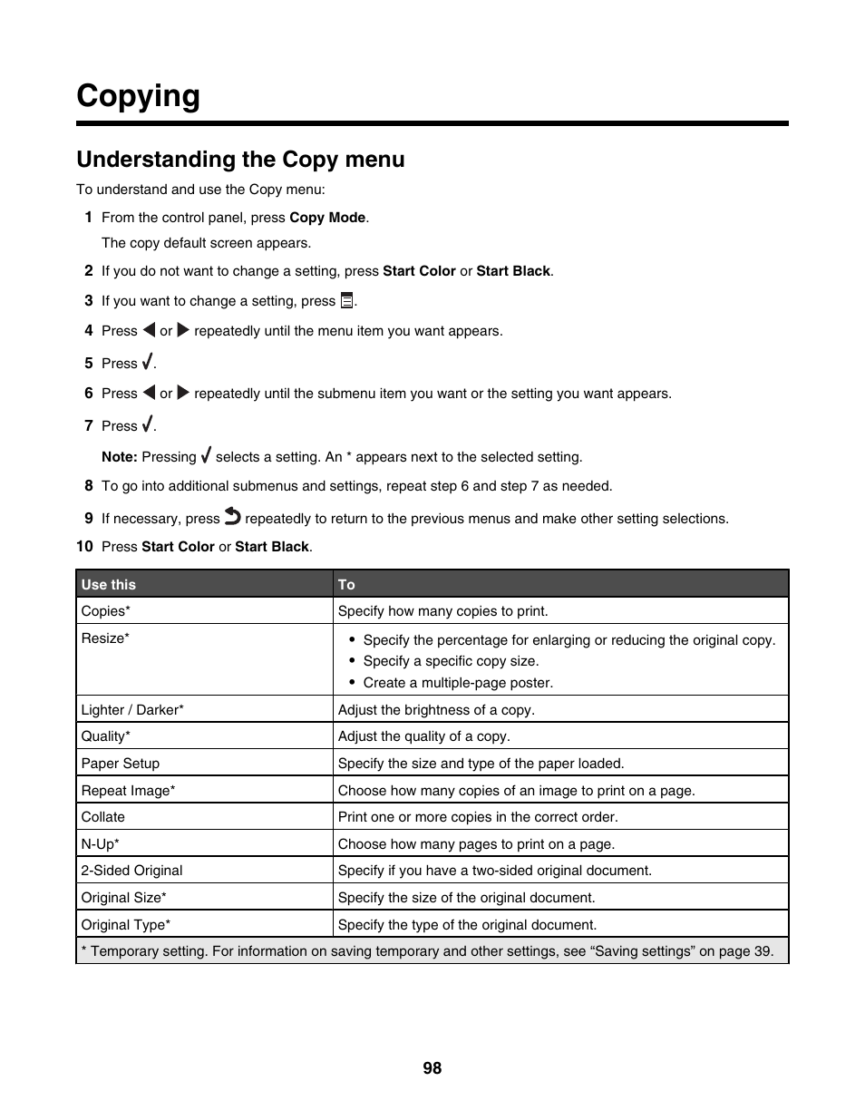 Copying, Understanding the copy menu | Lexmark 6500 Series User Manual | Page 98 / 223