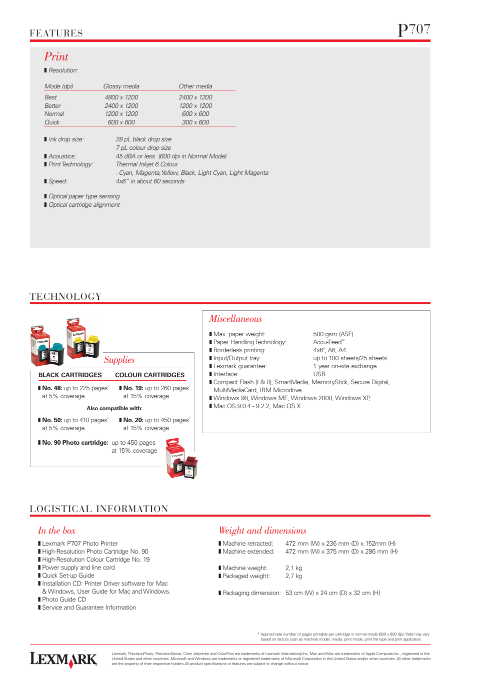 Print, Supplies, Miscellaneous | Weight and dimensions, Features, Technology logistical information | Lexmark P 707 User Manual | Page 2 / 2