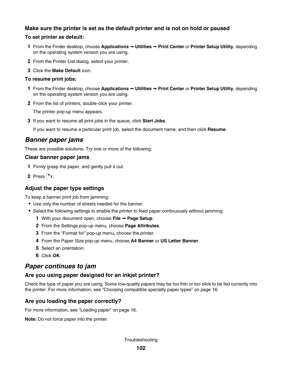 Banner paper jams, Paper continues to jam | Lexmark 1500 User Manual | Page 102 / 124