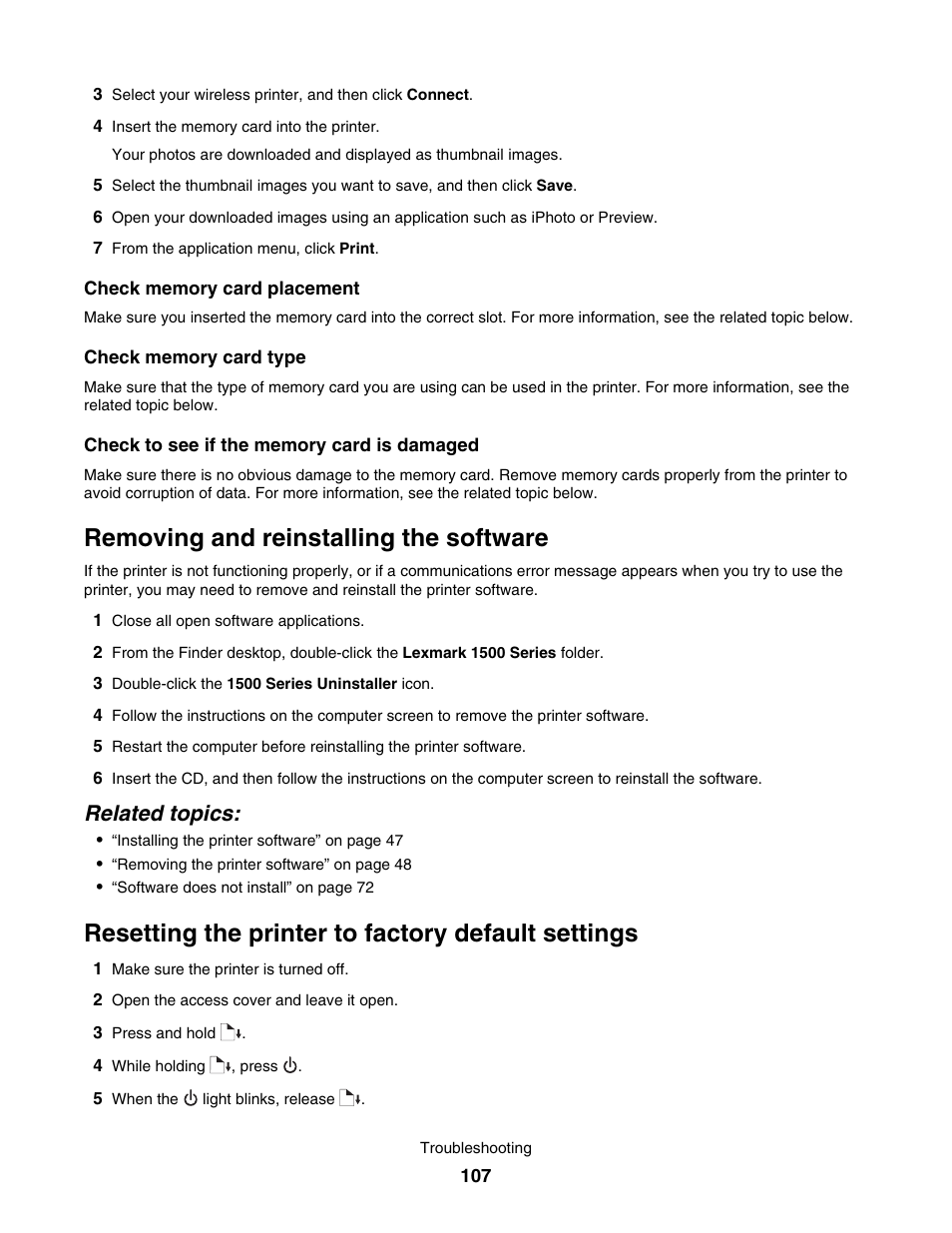 Removing and reinstalling the software, Resetting the printer to factory default settings, Related topics | Lexmark 1500 User Manual | Page 107 / 124
