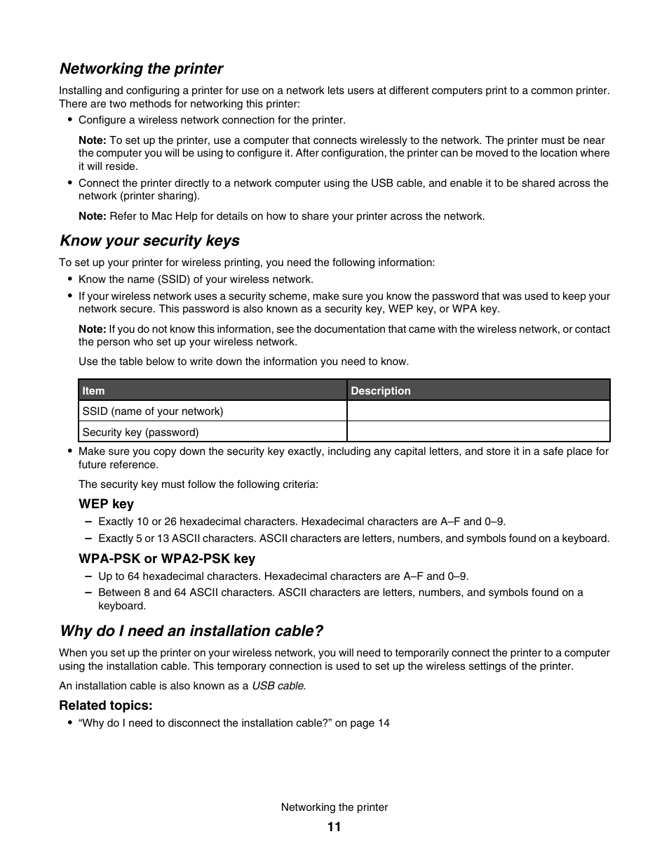 Networking the printer, Know your security keys, Why do i need an installation cable | Lexmark 1500 User Manual | Page 11 / 124