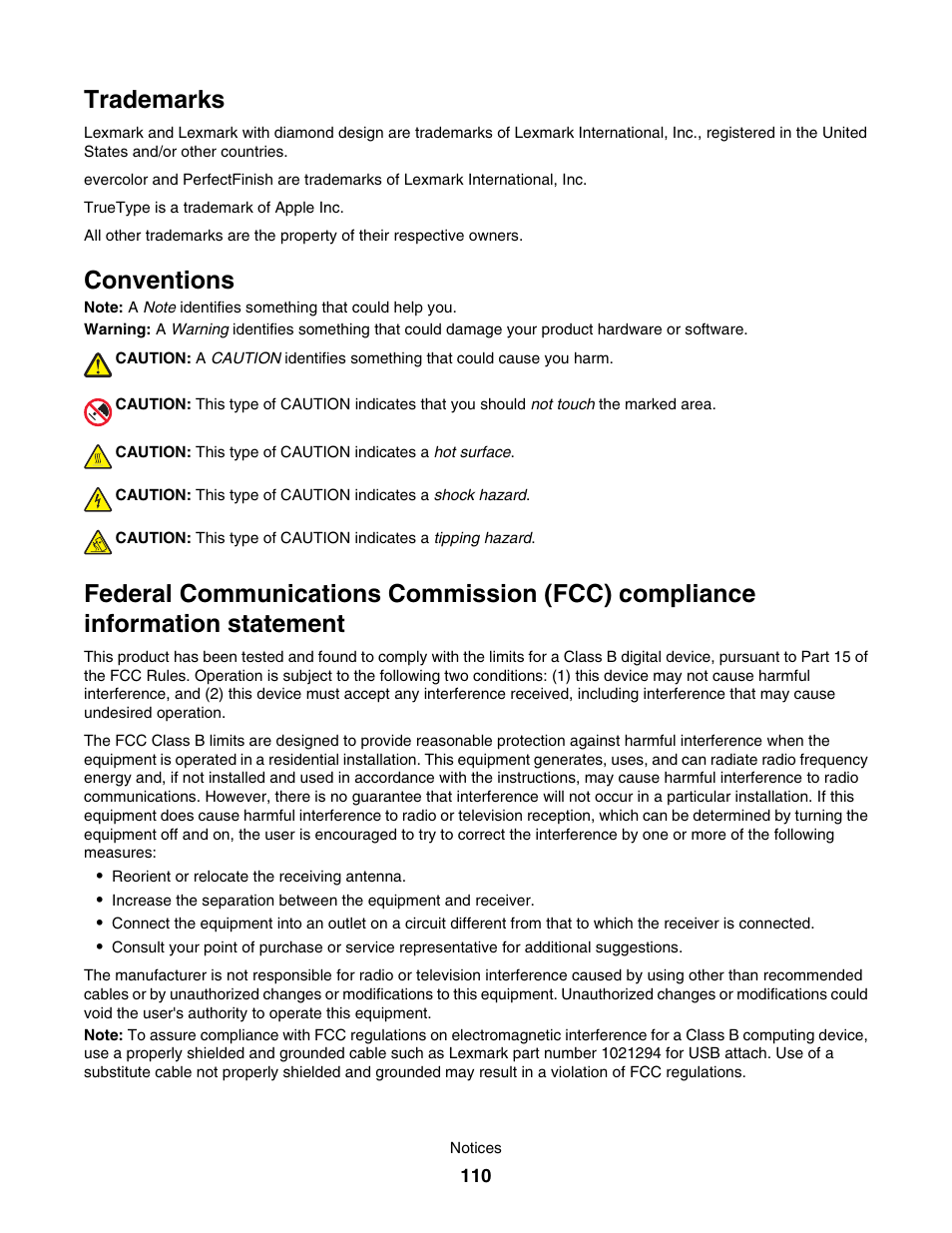 Trademarks, Conventions | Lexmark 1500 User Manual | Page 110 / 124