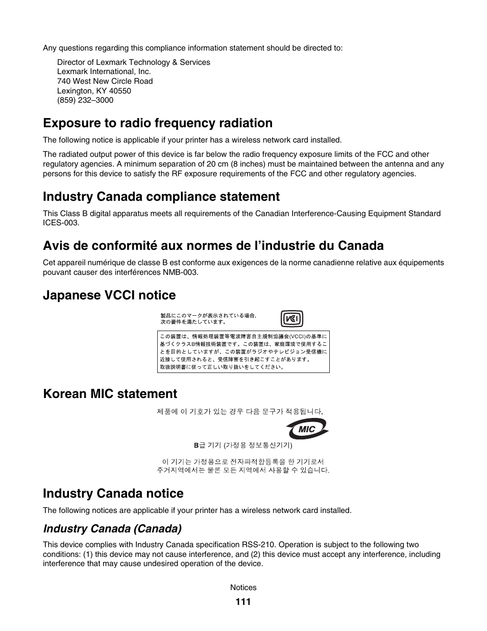 Exposure to radio frequency radiation, Japanese vcci notice, Korean mic statement | Industry canada notice, Industry canada compliance statement | Lexmark 1500 User Manual | Page 111 / 124