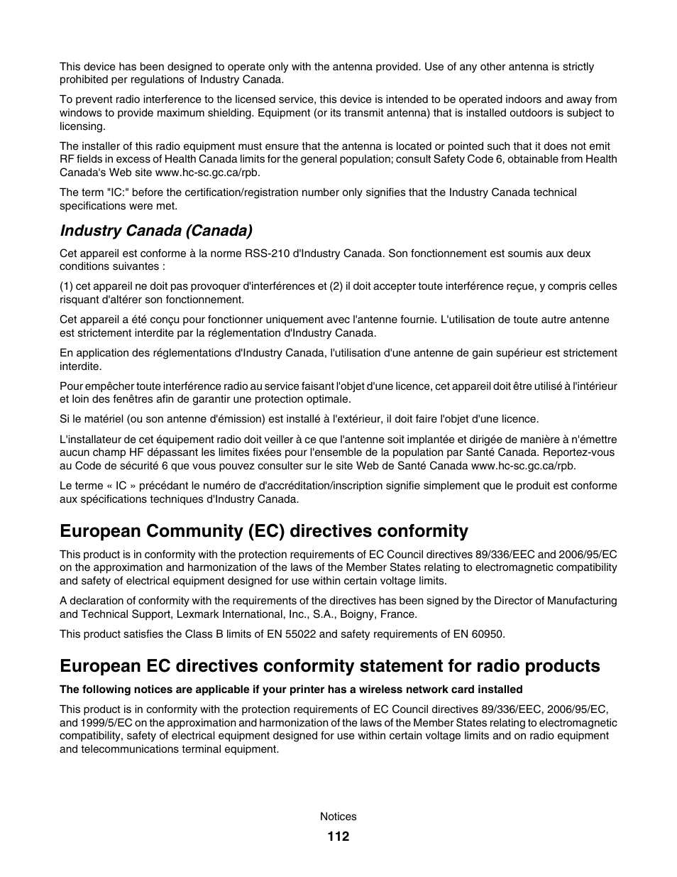 European community (ec) directives conformity, Industry canada (canada) | Lexmark 1500 User Manual | Page 112 / 124