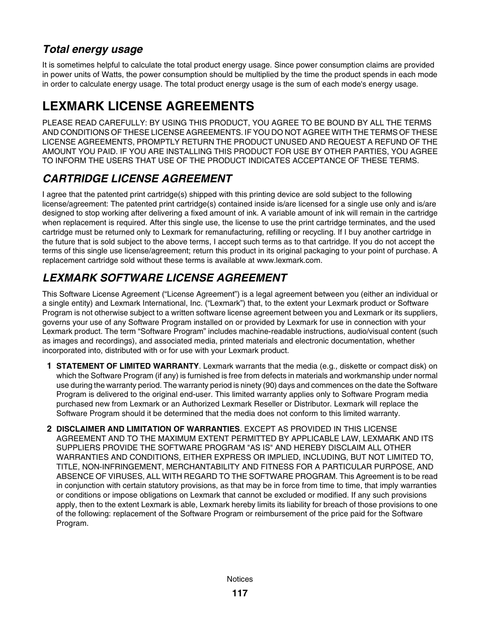 Total energy usage, Lexmark license agreements, Cartridge license agreement | Lexmark software license agreement | Lexmark 1500 User Manual | Page 117 / 124