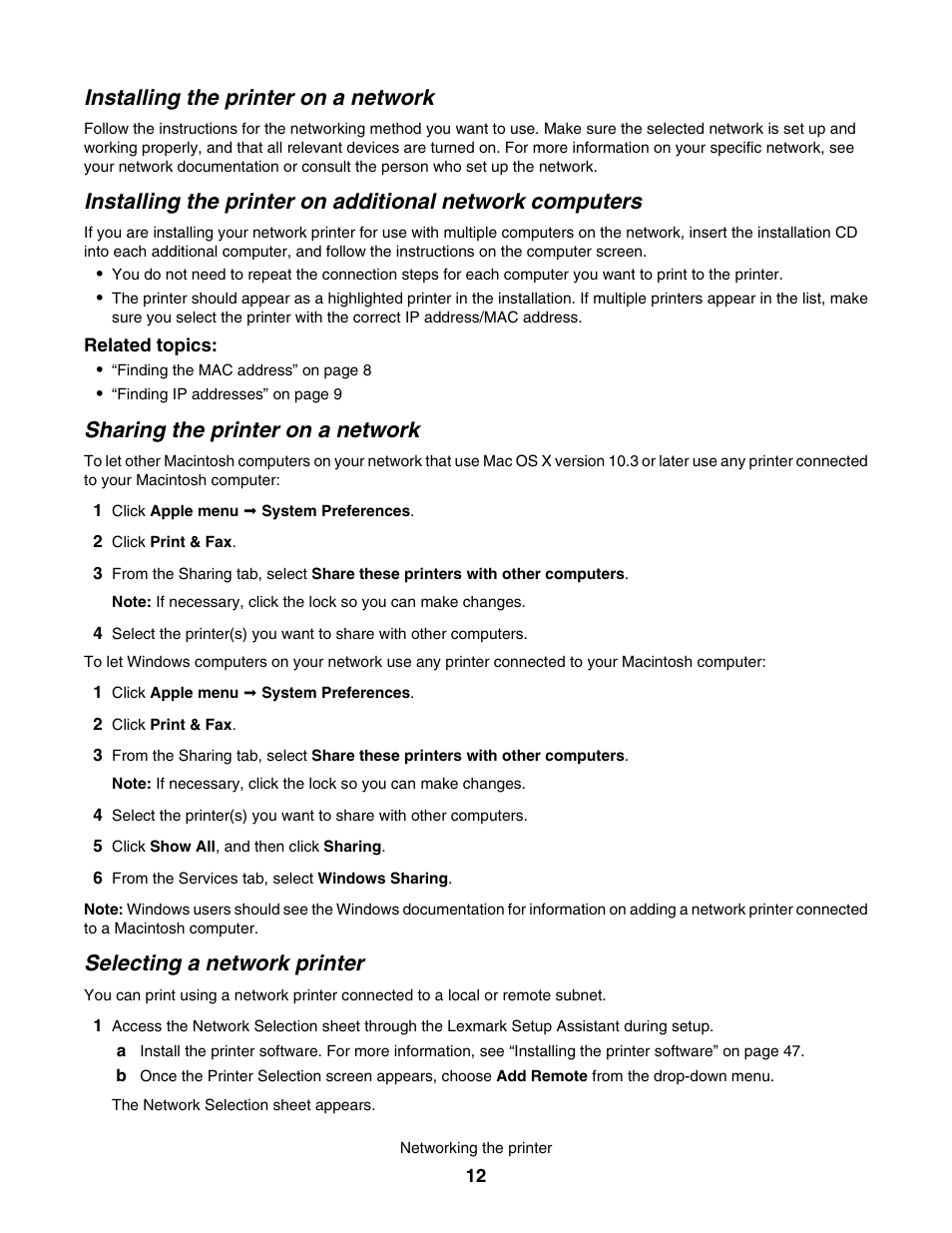 Installing the printer on a network, Sharing the printer on a network, Selecting a network printer | Lexmark 1500 User Manual | Page 12 / 124