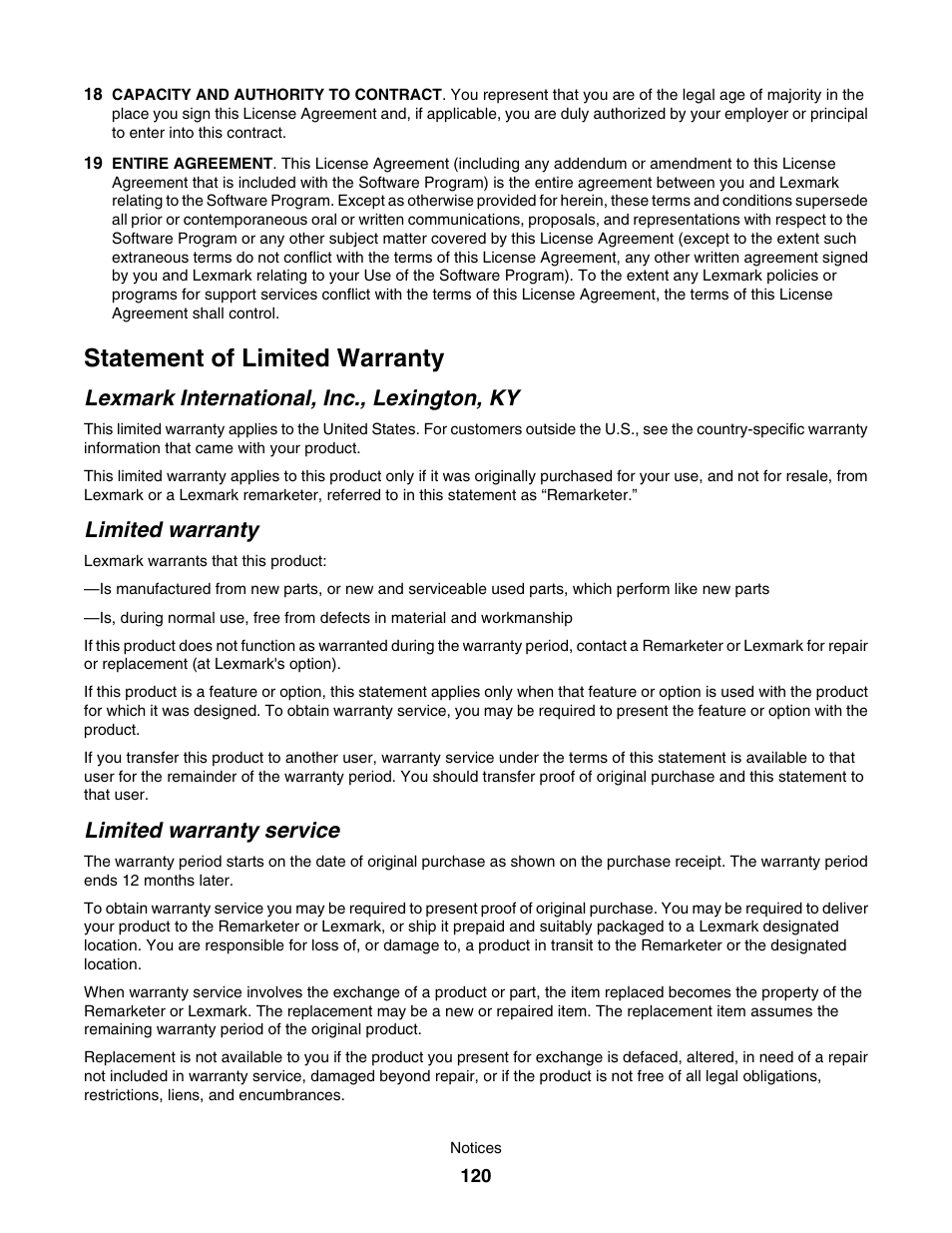Statement of limited warranty, Lexmark international, inc., lexington, ky, Limited warranty | Limited warranty service | Lexmark 1500 User Manual | Page 120 / 124