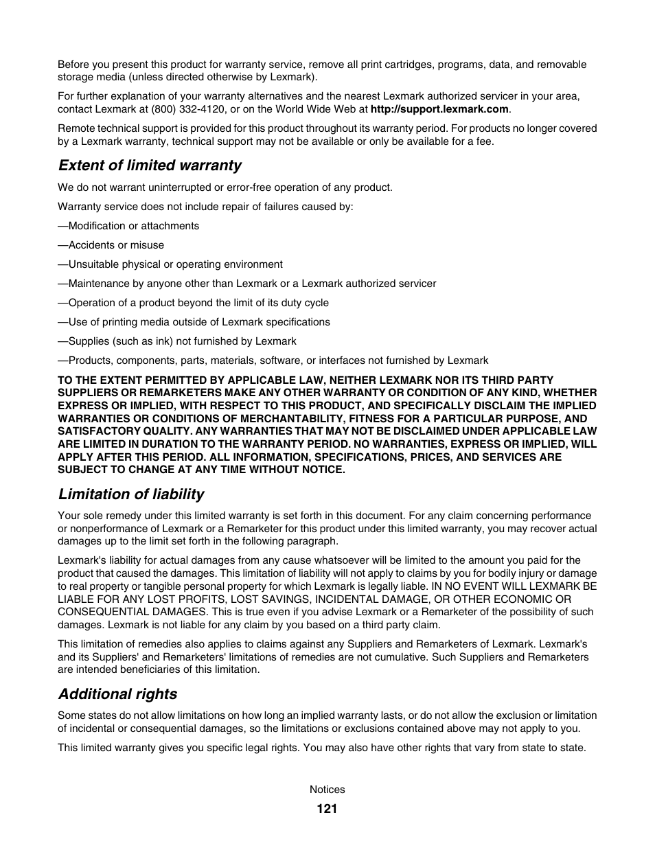 Extent of limited warranty, Limitation of liability, Additional rights | Lexmark 1500 User Manual | Page 121 / 124