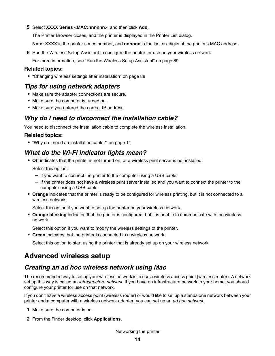 Tips for using network adapters, Why do i need to disconnect the installation cable, What do the wi-fi indicator lights mean | Advanced wireless setup, Creating an ad hoc wireless network using mac | Lexmark 1500 User Manual | Page 14 / 124