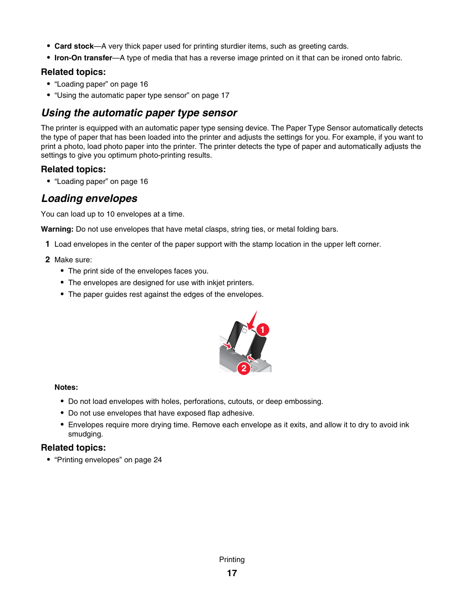 Using the automatic paper type sensor, Loading envelopes | Lexmark 1500 User Manual | Page 17 / 124