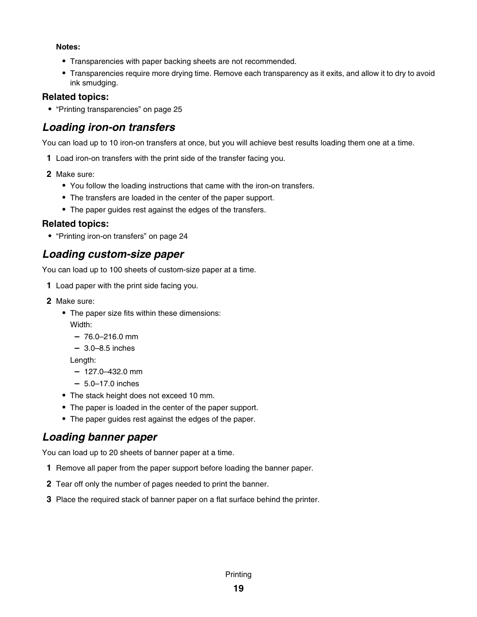 Loading iron-on transfers, Loading custom-size paper, Loading banner paper | Lexmark 1500 User Manual | Page 19 / 124