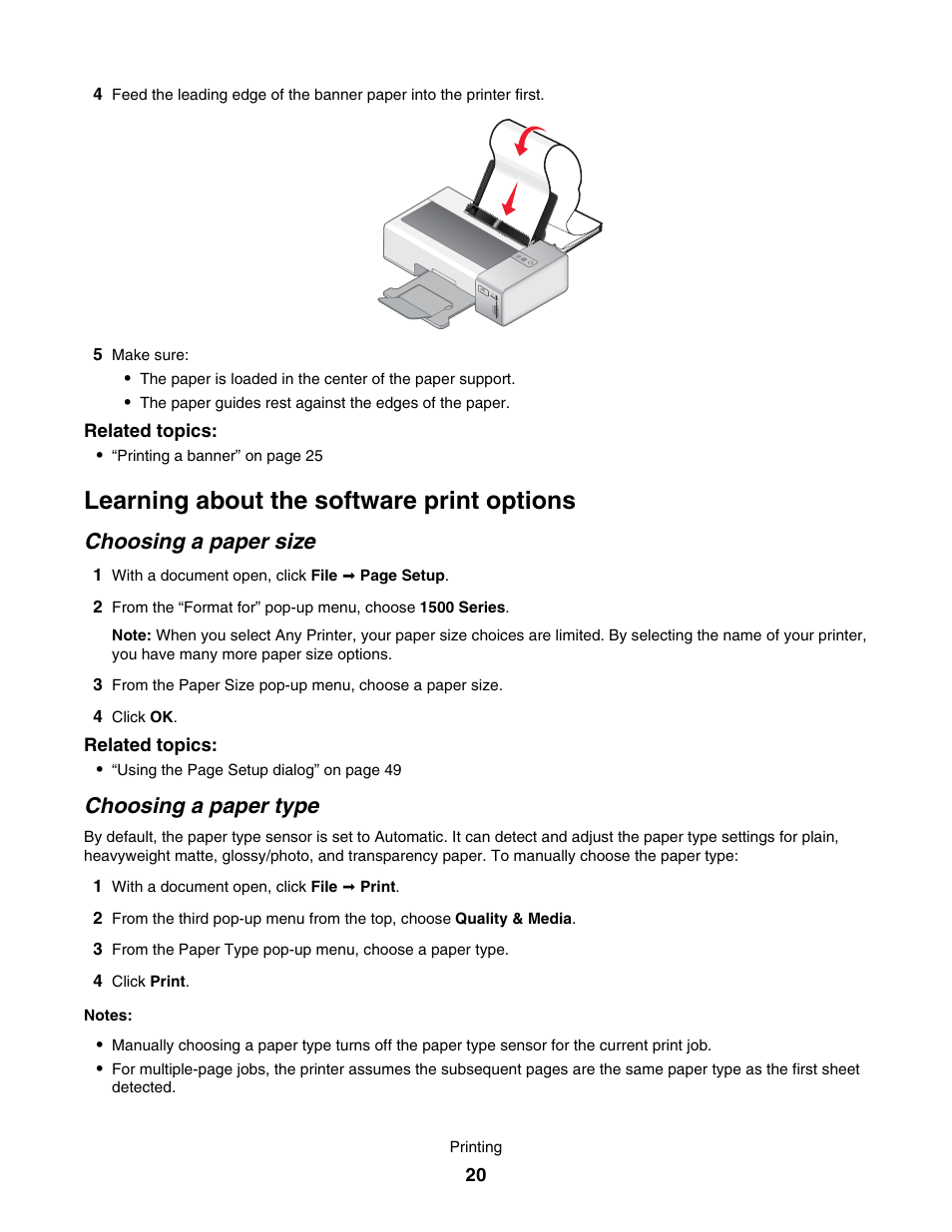Learning about the software print options, Choosing a paper size, Choosing a paper type | Lexmark 1500 User Manual | Page 20 / 124